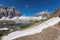 Snowy tourist trail in Banff national park, Alberta, Canada.