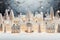 Snowy toy houses with blurred garland lights. Generative AI