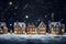 Snowy toy houses with blurred garland lights. Generative AI