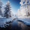 Snowy tranquility Winter forest landscape with frozen trees