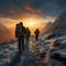 Snowy trek Hikers with backpacks traverse snowy mountains at sunset