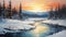 Snowy Valley: A Romantic Winter Landscape Painting In Light Cyan And Orange