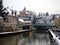 Snowy view on the Briare canal and the castle of Montargis