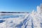 Snowy Village Serenity - Majestic Winter Scene with Enchanting Blue Sky on a Serene Sunny Day