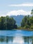 The snowy Villarrica Volcano from the Pullinque lagoon, in the Chilean Patagonia, Los Rios region. Chile