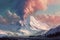 snowy volcanic peak with plume of smoke rising above