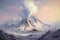 snowy volcanic peak with plume of smoke rising above