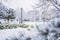 Snowy walkway in a park in Madrid, Spain in 2021