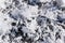 Snowy white background with frosty crystals and curly snowflakes close-up. Winter is a cold season with a blinding white bright