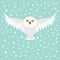 Snowy white owl. Flying bird with big wings. Yellow eyes.