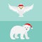 Snowy white owl. Polar bear. Red Santa hat. Flying bird with big wings.