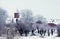 Snowy willow tree forest in front of Guelpe Village.