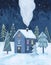 Snowy winter Christmas night cottage. Painting in simple cartoon style. Holiday postcard illustration