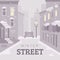 Snowy winter city street flat illustration. Monochrome background