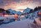 Snowy winter cityscape of Nusfjord town. Unbelievablesunset in Norway, Europe.