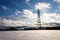 Snowy winter country with transmitters and aerials on telecommunication tower