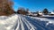 Snowy winter forest countryside . Wooden log houses Russian village covered snow. Winter Russia