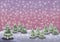 Snowy winter landscape with fir trees a pink sky and snow flakes horizontal image