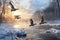 Snowy winter landscape with frozen river and flying geese at sunset, Flock of wild ducks flying over frozen river. Wildlife in