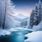 Snowy Winter landscape on frozen river or sea Illustration under the dark white soft snow and evergreen