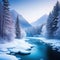 Snowy Winter landscape on frozen river or sea Illustration under the dark white soft snow and evergreen