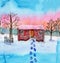 Snowy winter landscape with red cottage and brown trees. Hand drawn watercolor sketch. Blue, pink and yellow sun set sky. White