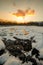 snowy winter landscape - sunset in the snow fields in lower austria