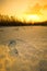 snowy winter landscape - sunset in the snow - footprint in fields in lower austria