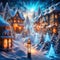 Snowy winter, magical illuminated, Christmas decorated fantasy town