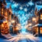 Snowy winter, magical illuminated, Christmas decorated fantasy town