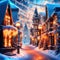 Snowy winter, magical illuminated, Christmas decorated fantasy town