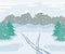 Snowy winter mountains landscape with ski tracks on snow, spruce trees, forest and hills, winter outdoor view with