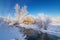 Snowy winter ravine with bushes on the Creek Bank, Russia, the Urals,