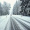 Snowy winter road with car. Dangerous car driving in the mountains in the winter. Concept for transportation, cars and travel