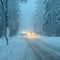 Snowy winter road with car. Dangerous car driving in the mountains in the winter. Concept for transportation, cars and travel