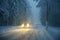 Snowy winter road with car. Dangerous car driving in the mountains in the winter. Concept for transportation, cars and travel