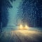 Snowy winter road with car. Dangerous car driving in the mountains in the winter. Concept for transportation, cars and travel