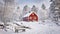 Snowy winter scenery with red wooden house in the forest