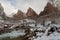 Snowy winter view of the Court of the Patriarchs in Zion Nat. park