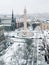 Snowy winter view of the historic Washington Monument and Mount Vernon Place in Baltimore, Maryland