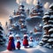 A snowy winter wonderland scene in an enchanted forest with elves, generated by AI.