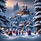 A snowy winter wonderland scene in an enchanted forest with elves, generated by AI.