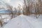 Snowy wintery nature forest foot path through forest - cross country skiing, hiking, fat tire bike recreation -in the Minnesota Va