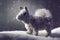 Snowy wonderland. The fluffy toy animal's serene stroll in the black and white blizzard. AI-generated