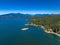 Snug Cove, Bowen Island, British Columbia, Canada. Aerial view of marina, pier, beach and resorts