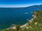 Snug Cove, Bowen Island, British Columbia, Canada. Aerial view of marina, pier, beach and resorts