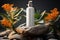 A soap bottle resting on a rugged rock beside a vibrant plant