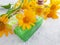 Soap, calendula flower moisturizing natural relaxation homemade oil on a gray concrete background