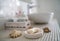 Soap lies in a ceramic soap dish on the background of the washbasin in the bathroom