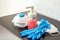 Soap, medical gloves and respirators - personal protective equipment on the table at home